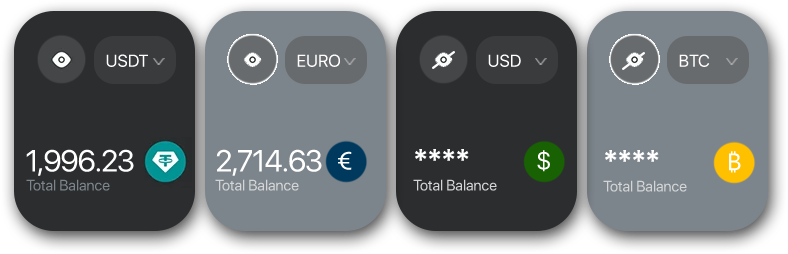 Wave Digital app showing USD, EUR, BTC and USDT balances